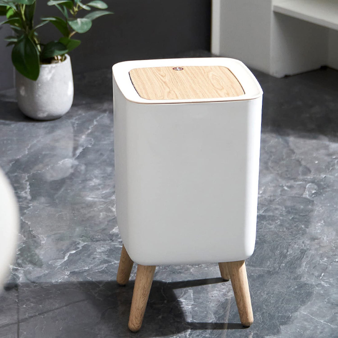 Trash Bin with Lid, 7 Liter Square Plastic Garbage Can with Legs, Garbage Bin with Push Button, Modern Waste Basket for Bedroom Bathroom Living Room Office