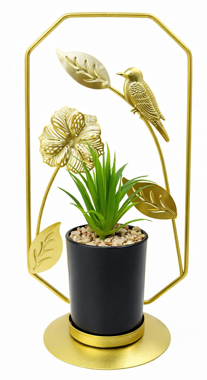 Artificial Plant Decor with Gold Frame, Bird and Leaf Design, Black Pot with Gold Base, Home Decoration