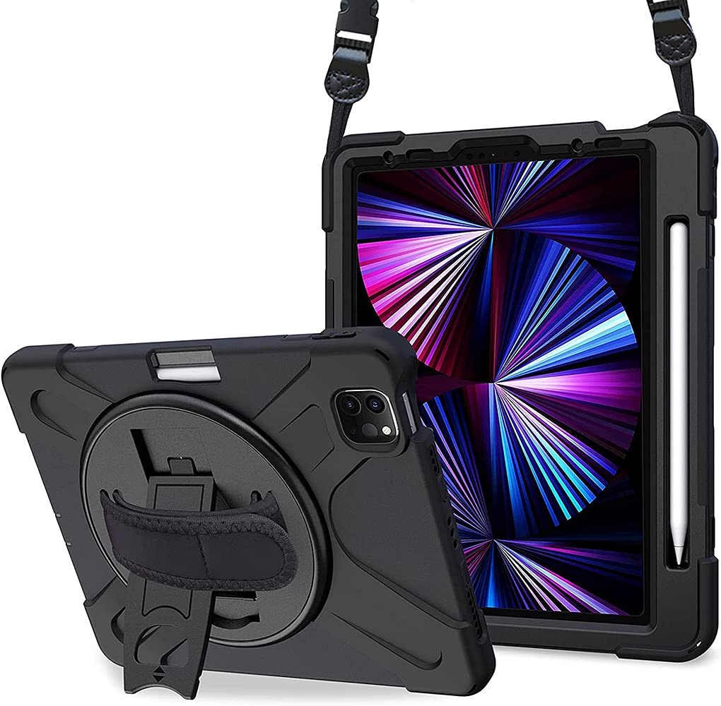 KASTWAVE For iPad Pro 11 Inch 2021 2020 2018 Case with Strap Pencil Holder Kickstand, Heavy-duty Shockproof Rugged Case Tough Cover for iPad Pro 11 -Black