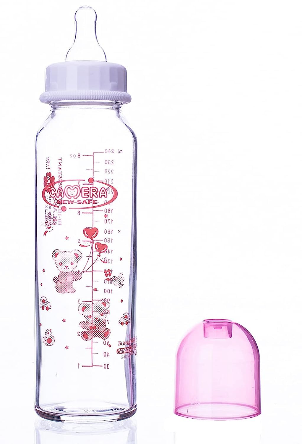 Camera Heat Resistant Glass Feeding Bottle, 240ml - Pink Clear , 2725615459330