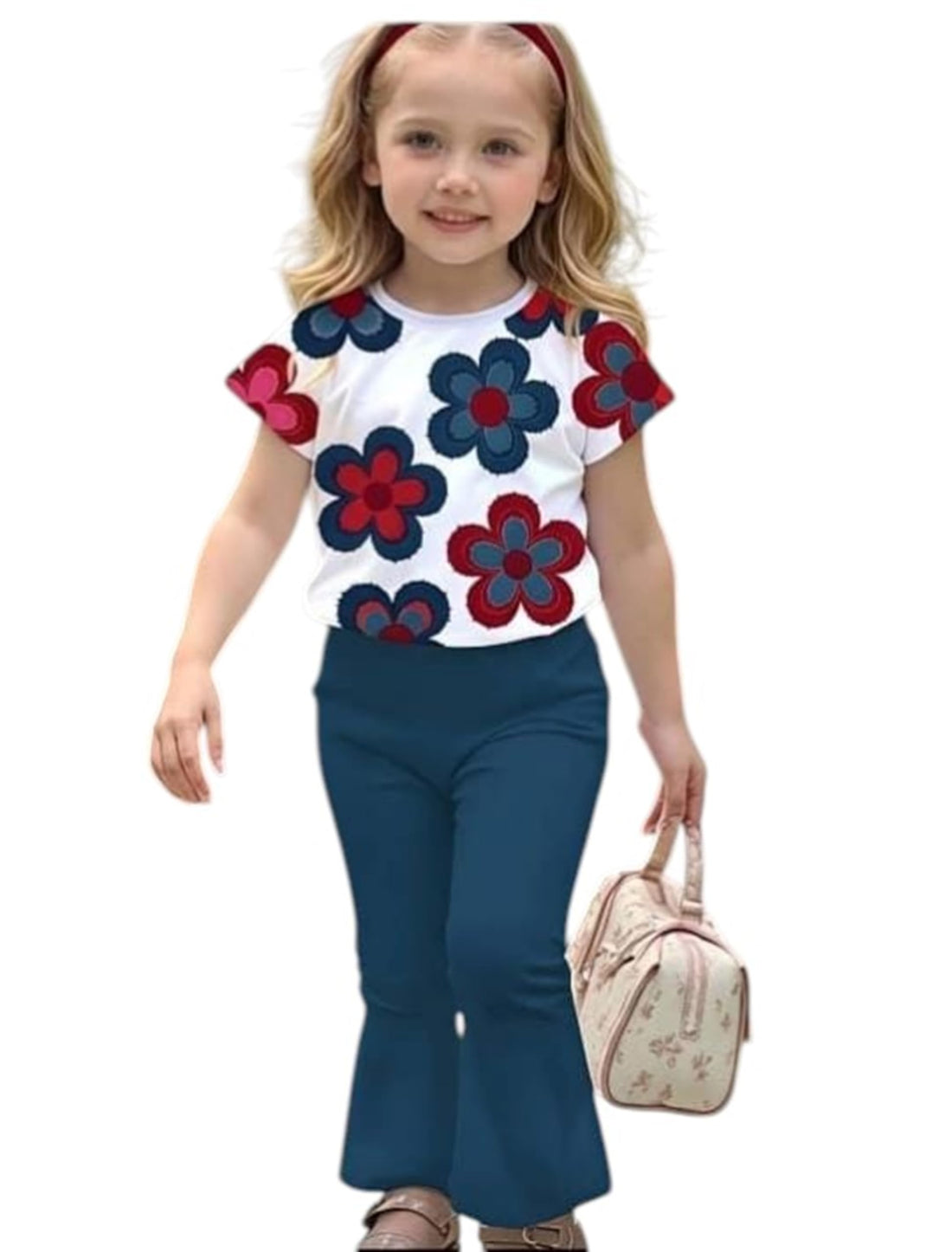 Miza Girls Set of 2 Pieces Cotton Colorful Flower Print T-shirt and Loose Fit Escuba Pants Casual Wear for Kids - Girls Suit