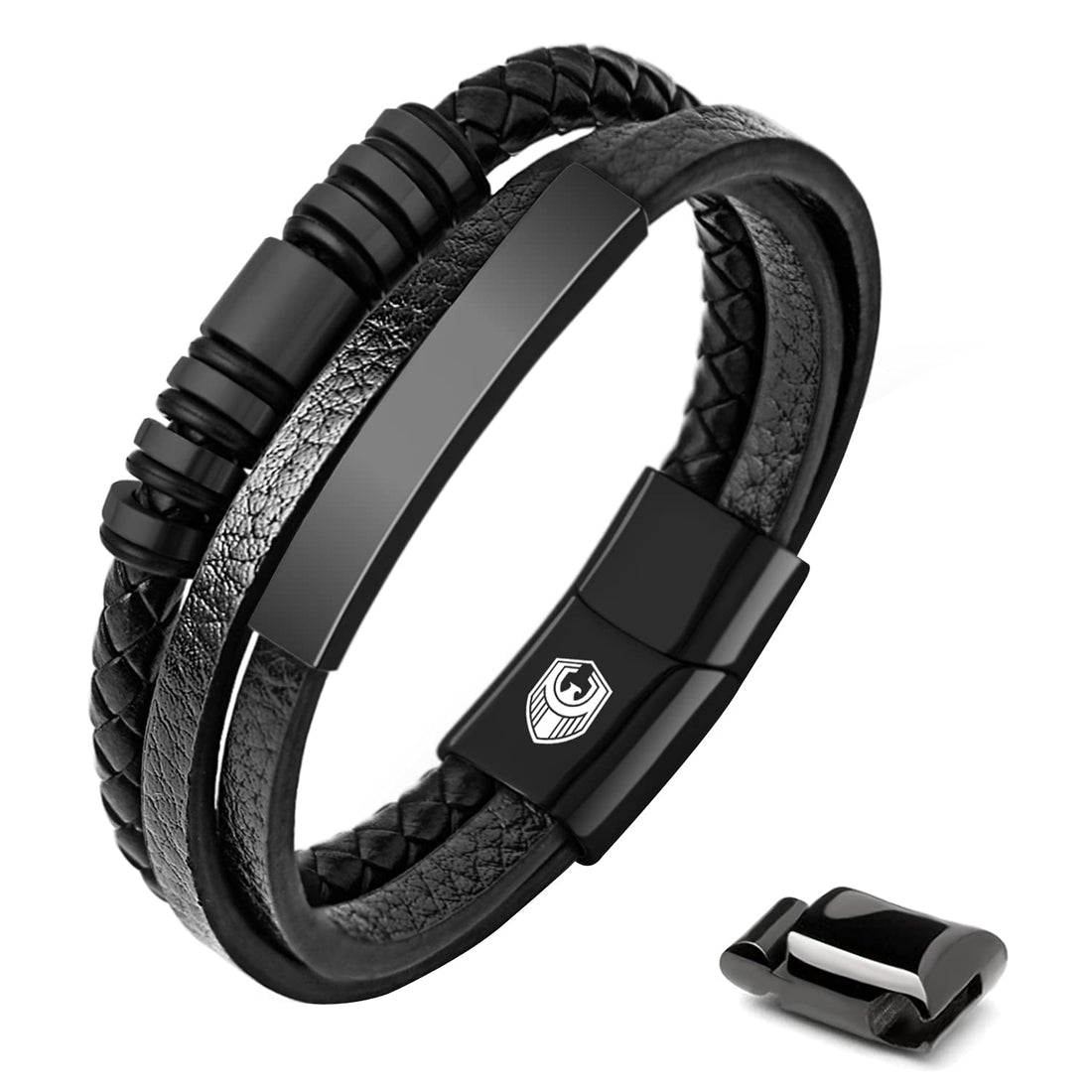 Mens Leather Bracelet Silver, Handmade Braided Leather Bracelets for Men with Magnetic Stainless Steel Clasp and Exclusive Bracelet Jewellery Box for Mens Gifts Idea, 19.5CM, Leather