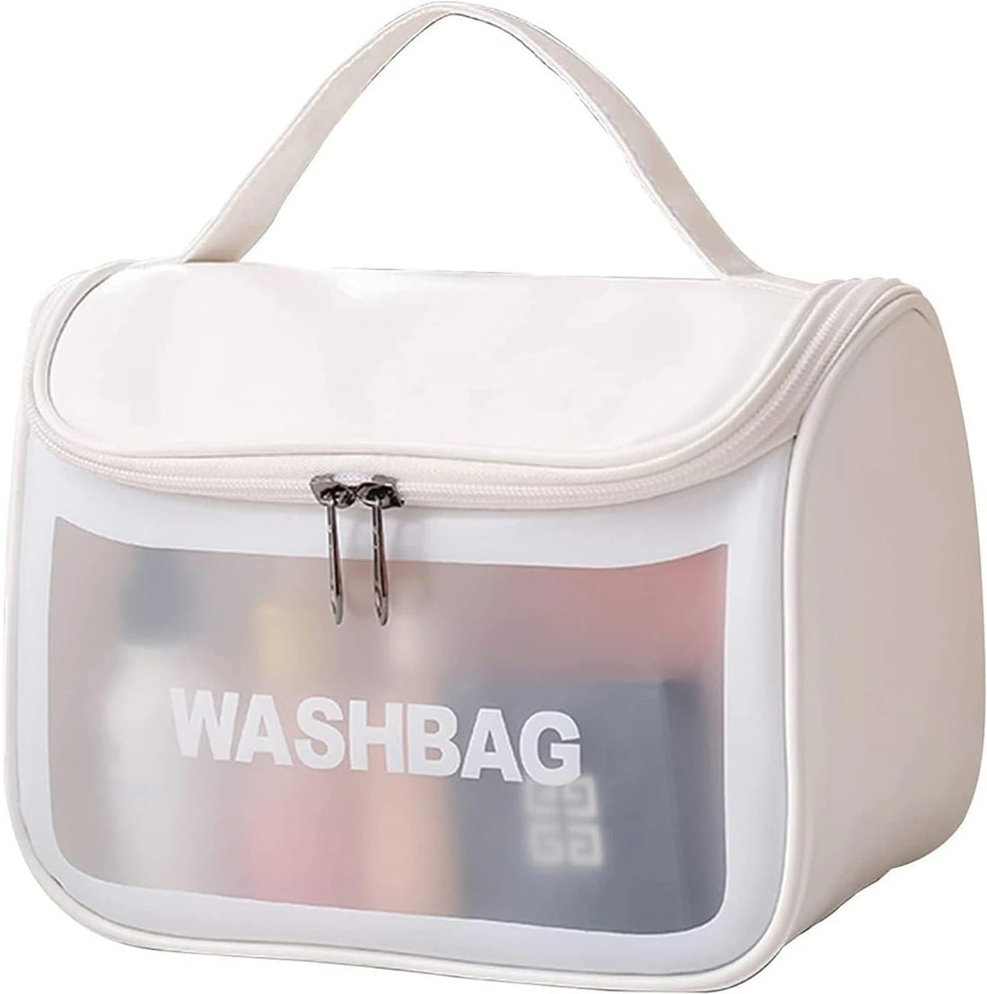 Makeup Organizer - Stylish and waterproof travel bag designed for all your cosmetics, creams, perfumes, and accessories in one place with high-quality fabric. (White)