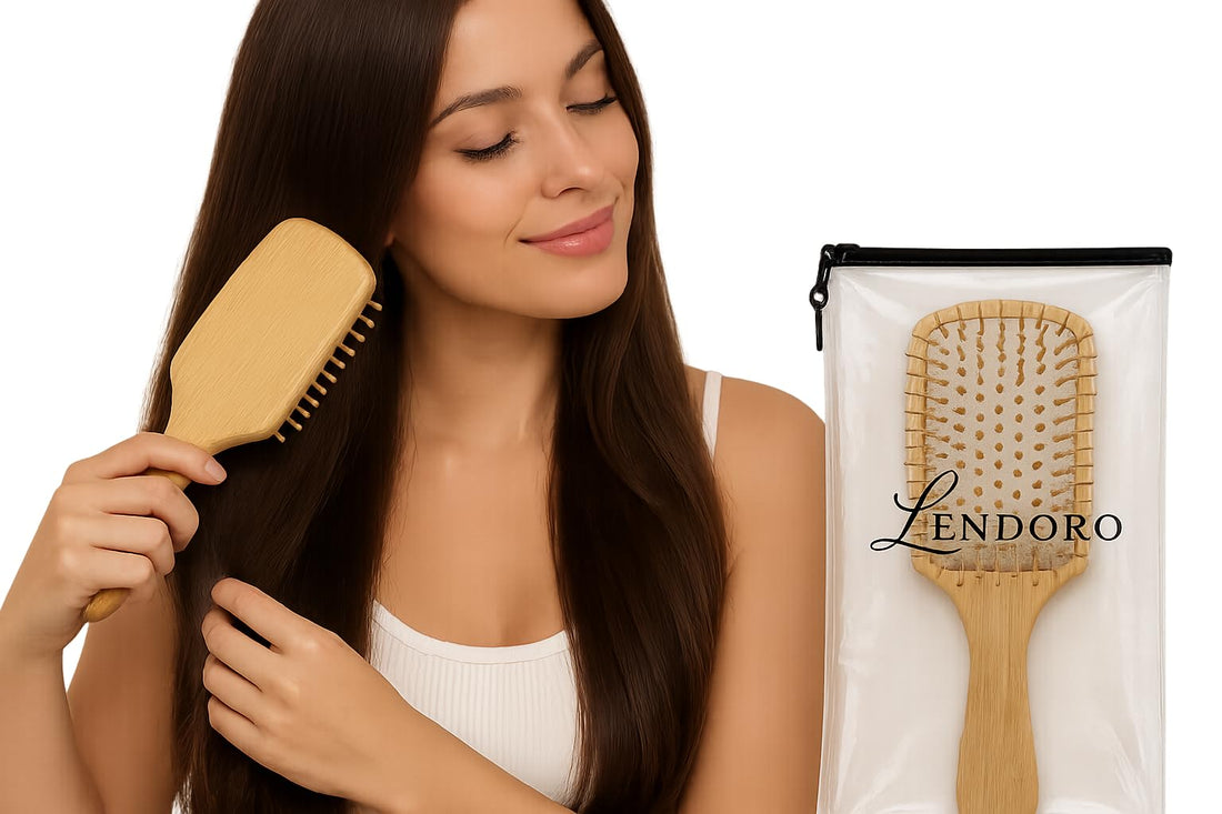 LENDORO Wood Hair Brush, Soft Synthetic Bristles, Gentle Detangling, Rectangular, 20x6x3 Centimetres