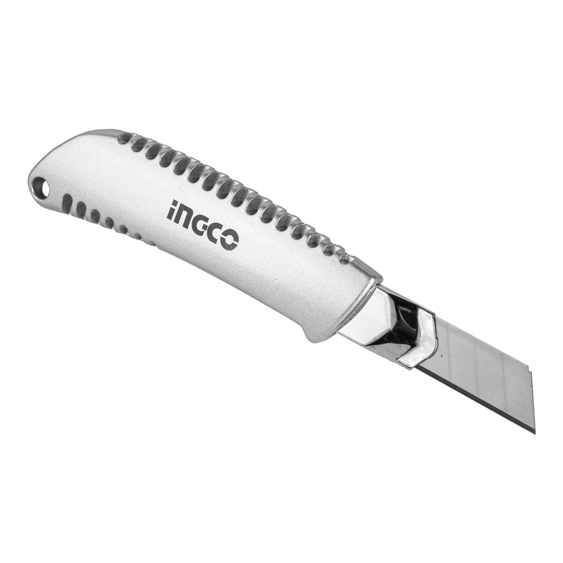Ingco Multi-Purpose Retractable Box Cutter Utility Knife With 18mm Snap-Off Stainless Steel Blade, Zinc Alloy Body, Auto Lock, And Flat Push Button;Perfect For Office And Home Use,Chrome,Hkns1807