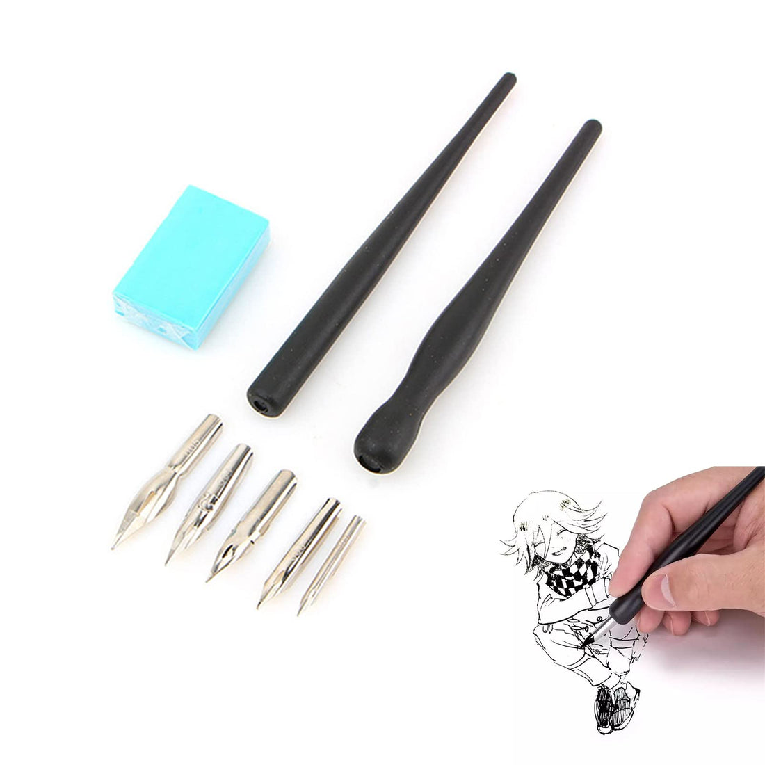 Calligraphy Pens, Nib Set, Cartoon Drawing Nib, Feather Holder with Drawing Nib for Comics, 2 Removable Calligraphy Nibs with 5 Nibs and 1 Eraser