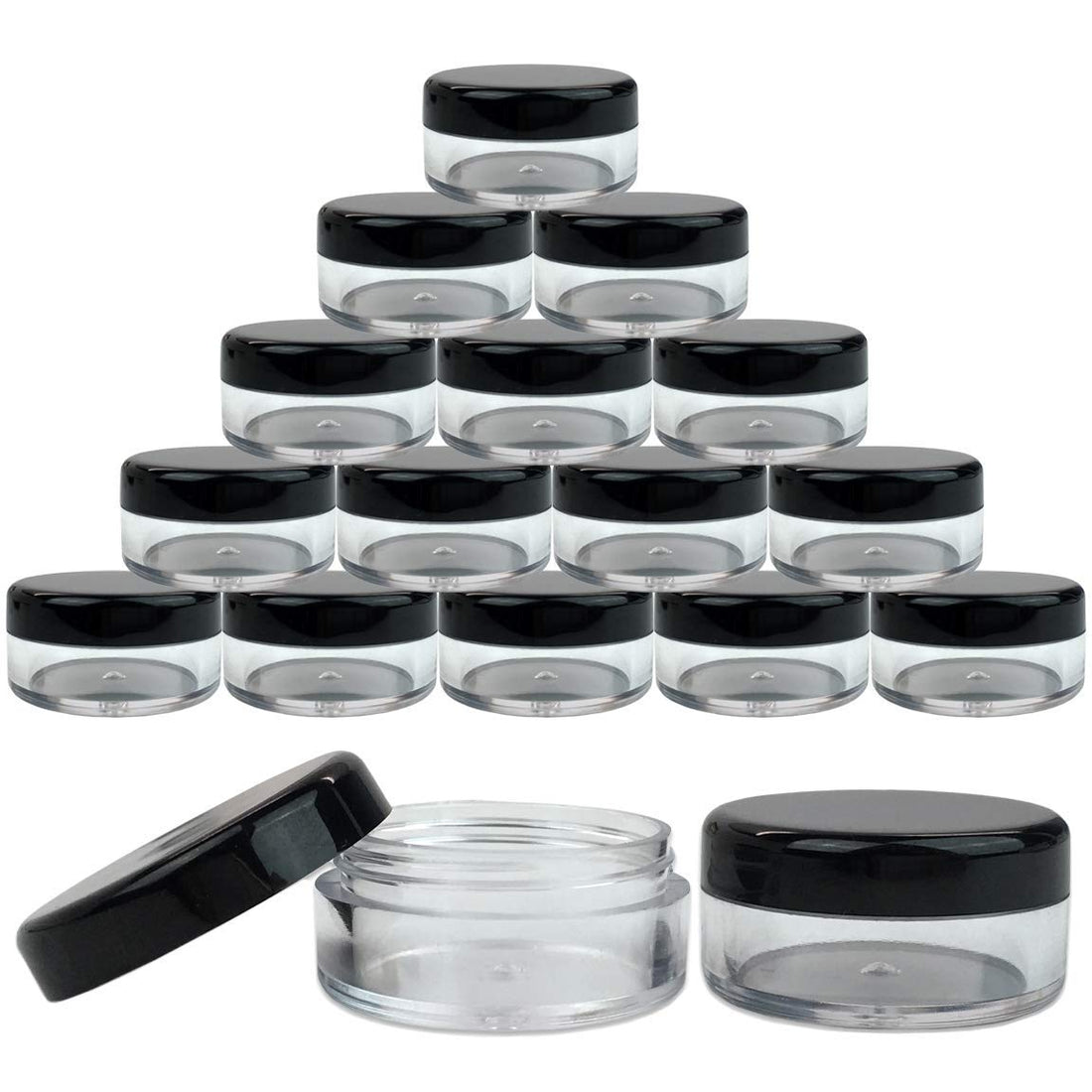 pana 50 New Empty 5 Grams Acrylic Clear Round Jars - BPA Free Containers for Cosmetic, Lotion, Cream, Makeup, Bead, Eye shadow, Rhinestone, Samples, Pot, Small Accessories 5g/5ml (BLACK LID)