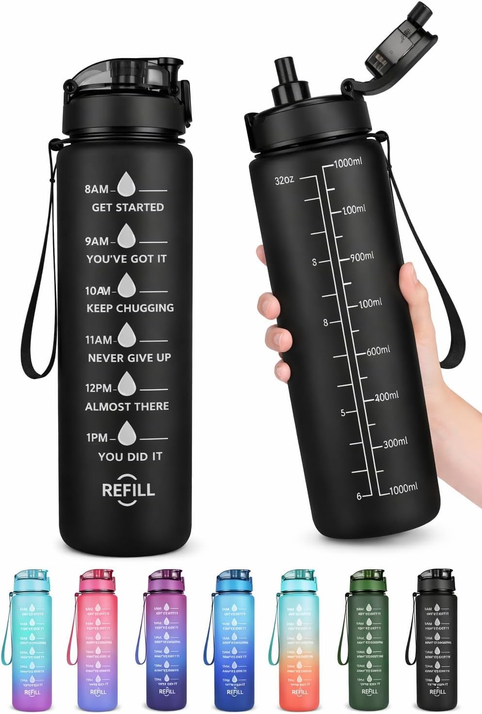 Motivational Sports Water Bottle 1000ml with Time Marker – Leak Proof – BPA Free Safe & Healthy – Straw & Secure Strap Lid – Perfect for Gym, Diet, Sports, Daily Work, Black