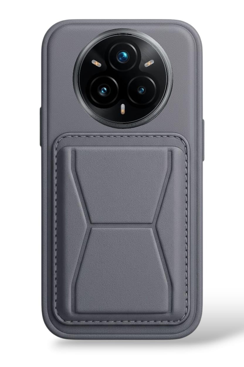 Case with Card Holder & Kickstand – Luxury PU Leather Shockproof Cover, Slim Anti-Scratch Protective Phone Case for Realme 14 Pro Plus (Gray)