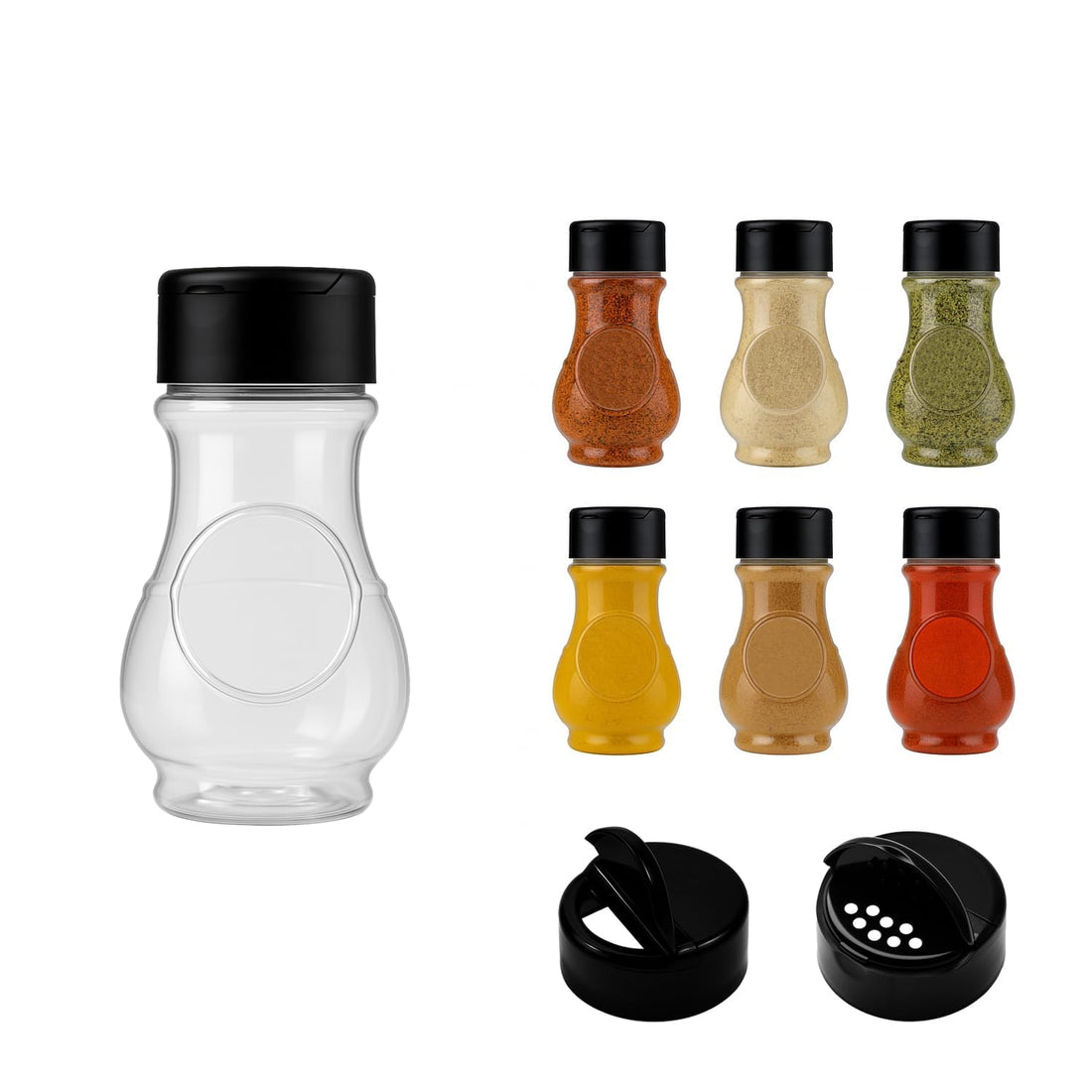 artistic 6 Pieces Clear White Plastic Spice Jar with Black Lid - High Quality and Healthy Plastic for Refill and Storage (Choose the Right Shape) by artistic (Model 10)