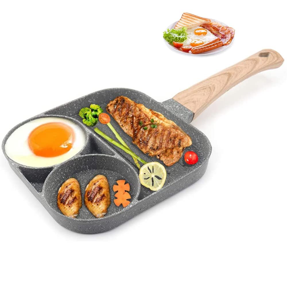Nonstick Egg Frying Pan, 3 Section Square Grill Pan, Breakfast three sections Divided Frying Pan Pancake Fried Egg Pan Nonstick Aluminium Alloy, for Gas Stove Induction Cooker 7.3 inch