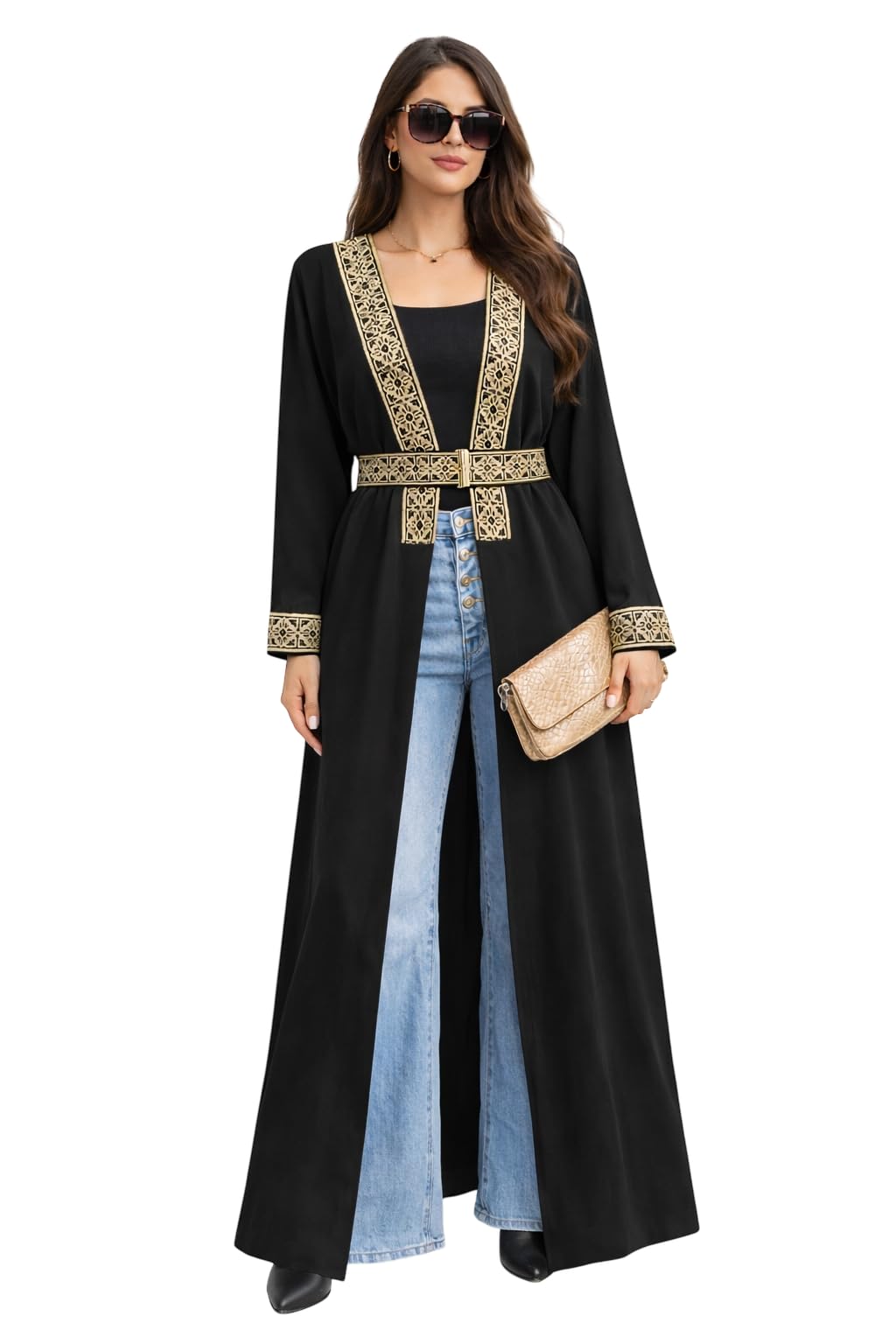 Women's Long Black Abaya with Gold Embroidered Trim, Open Front Cardigan, Long Sleeve, Belted Waist