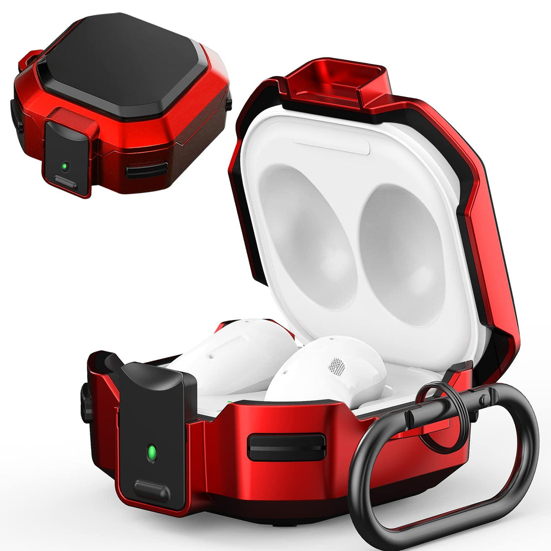 DELFINO Armor Case Cover for Samsung Galaxy Buds Pro, Galaxy Buds Live, Galaxy Buds 2 Case Cover with Security Lock, Hard Rugged PC Shockproof Case Cover with Keychain/Straps (Red)