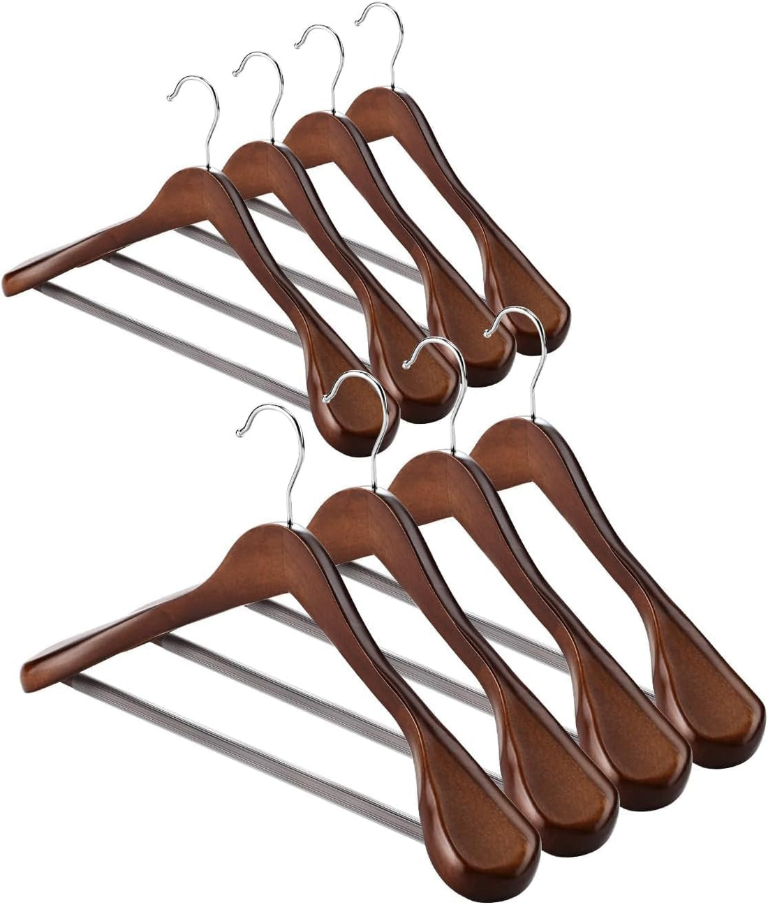 Premium Wide Wooden Clothes Hangers, Set of 8 with Wide Shoulder for Suit and Coat Shape, 360° Swivel Metal Hook and Non-Slip Trouser Bar, Durable and Stylish Design for Dresses, Shirts, Suits.