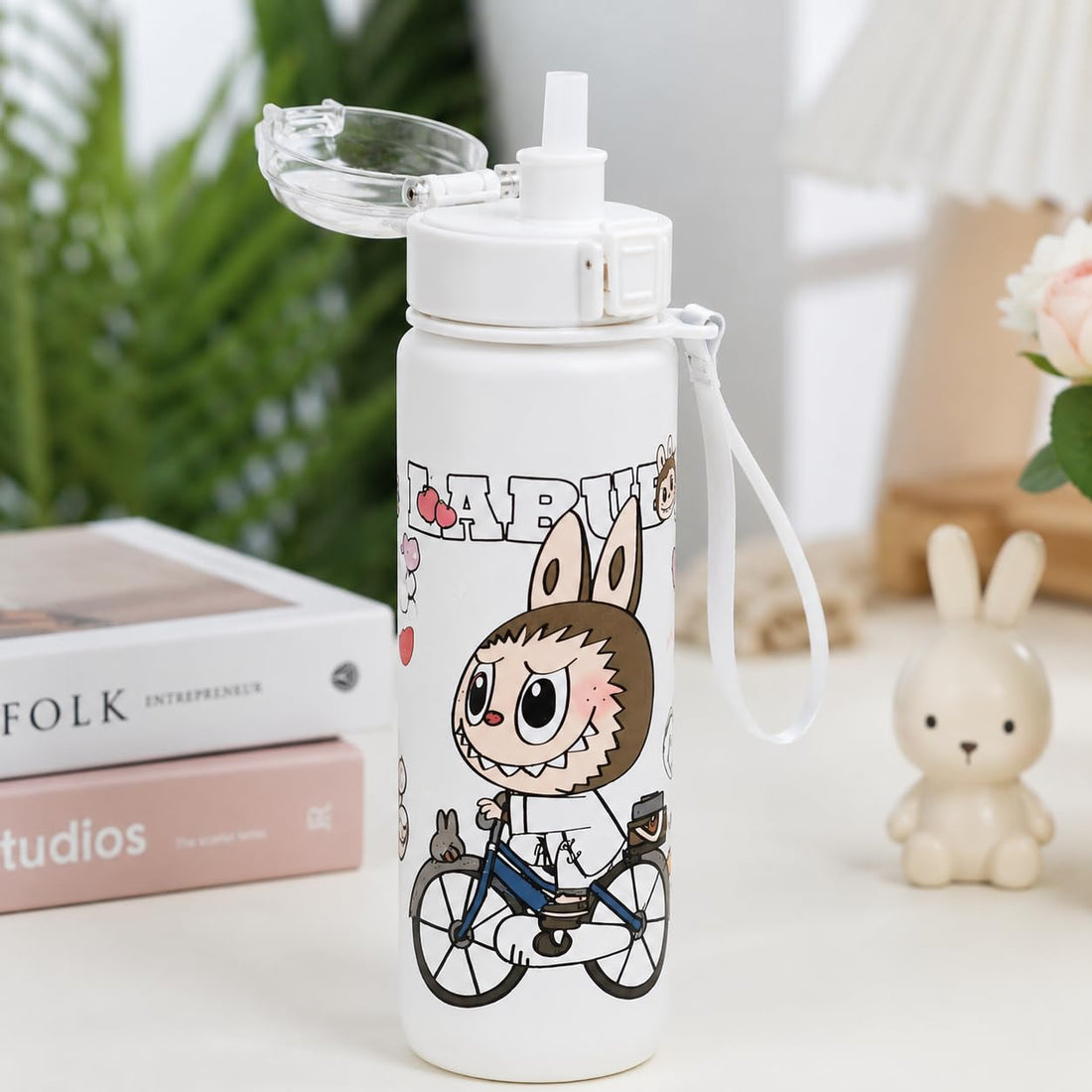 Kids Water Bottle Cartoon White Water Bottle Leakproof Lid with Straw for School and Trip Dollar Import Housewares
