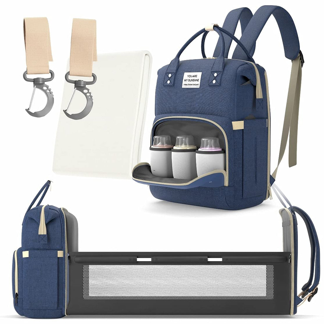 Multifunctional 3 in 1 Diaper Bag with Changing Station | Diaper Bag Backpack with Bassinet | Travel Baby Bed, Deep Blue,