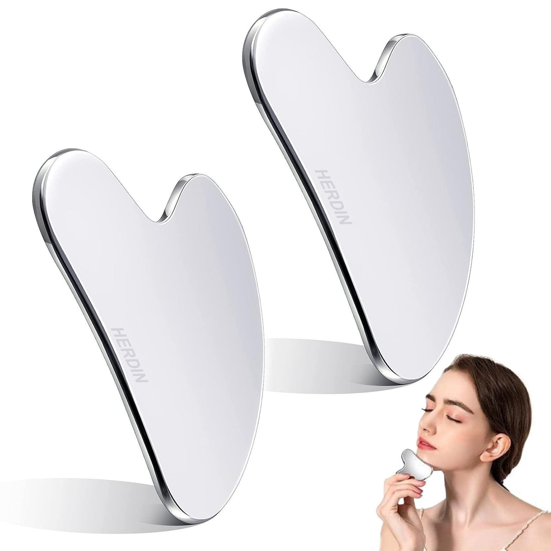 HERDIN 2PCS Gua Sha Facial Tool, Stainless Steel Guasha, Durable Scraping Massage Tool for Muscle Tensions Relieving and Puffiness Reducing, Skin-Care Present for Face, Eyes, Neck, Body-Silver