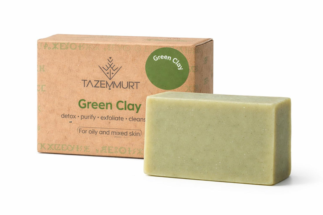 TAZEMMURT Green Clay Soap – Detox & Oil Control Bar for Oily & Acne-Prone Skin – Deep Cleansing & Pore Minimizing – Handmade Natural Soap – 120g