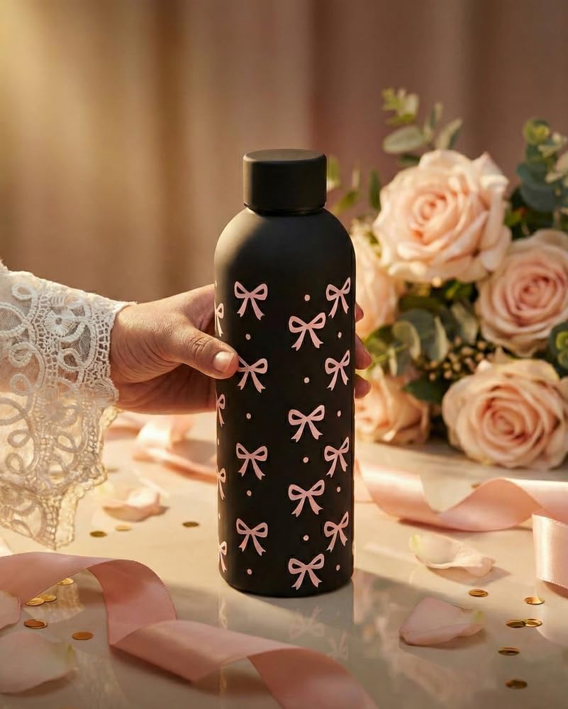 Matte Stainless Steel Water Bottle 500ml Double Walled Vacuum Insulated Flask with Cute Bow Design Leak Proof Lid for Hot and Cold Drinks Daily Use