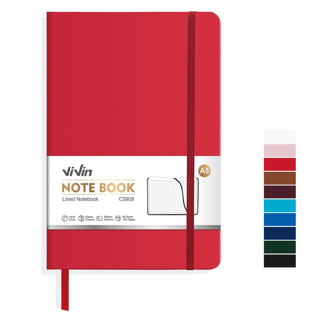 ViVin Lined Journal Notebooks, 192 Pages, Medium 5.5 x 8.3 inch, College Ruled, A5 Hardcover Notebooks for Women Men, Journaling Notebooks for Writing, Business, School & Office (Red)