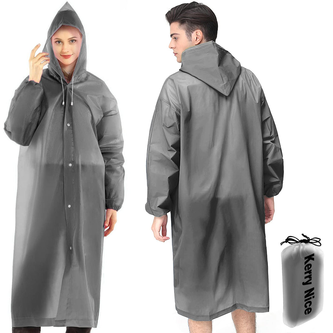 Rain Ponchos for Adults Women Men, 2 Pack Rain Poncho Reusable Rain Coats EVA Raincoat with Elastic Cuff Sleeves (2 Grey)