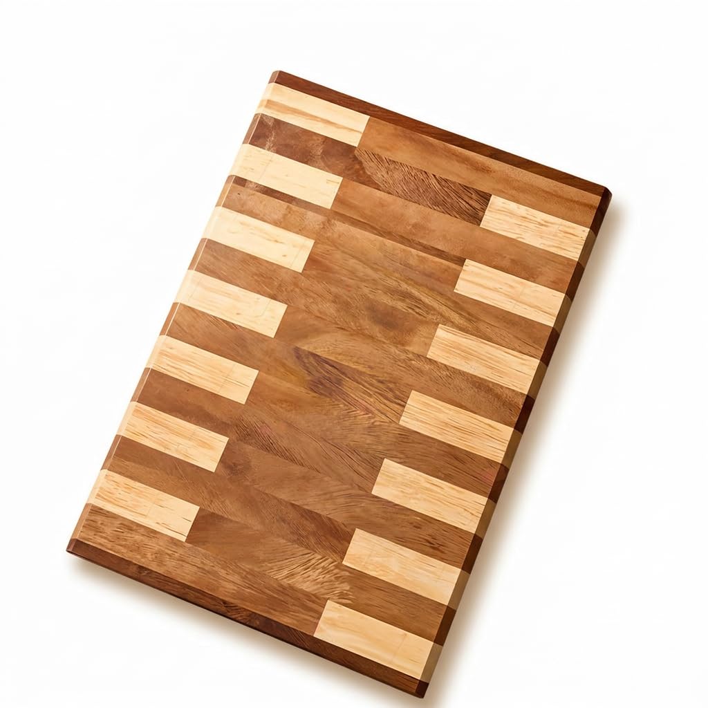 Quality Teakwood Cutting Board with Built-In Side Handles – Striped End Grain Design, Smooth Free Surface, Heavy-Duty Kitchen Chopping Board for Meat, Vegetables & Fruits (100% Food Safe)
