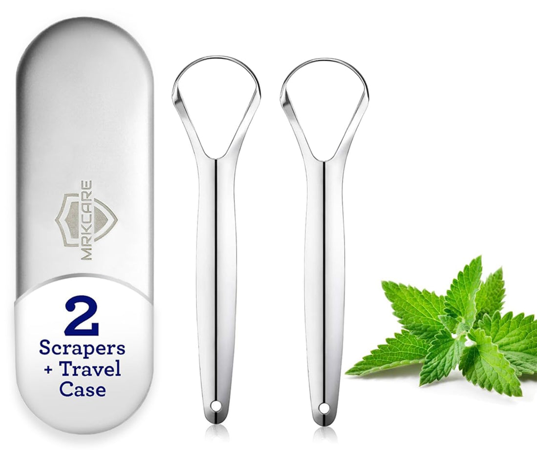 New Double Layer Tongue Scraper, 100% Medical-Grade Stainless Steel, Perfect Tougue Cleaner for Oral Care, Suitable for Both Adults and Children, 2 Pieces with Metal Case (Silver-Large Hollow)