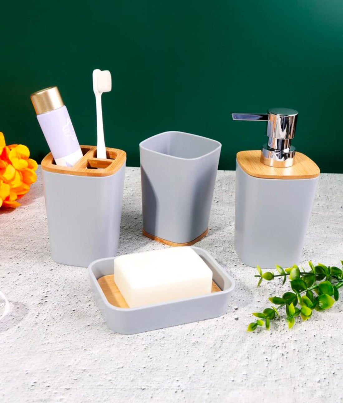 Downtown 4-Piece Bathroom Accessories Set, Grey Liquid Soap Dispenser with Toothbrush Holder Soap Dish and Cup, Modern Vanity Set for Countertop Organization and Daily Bathroom Storage Use