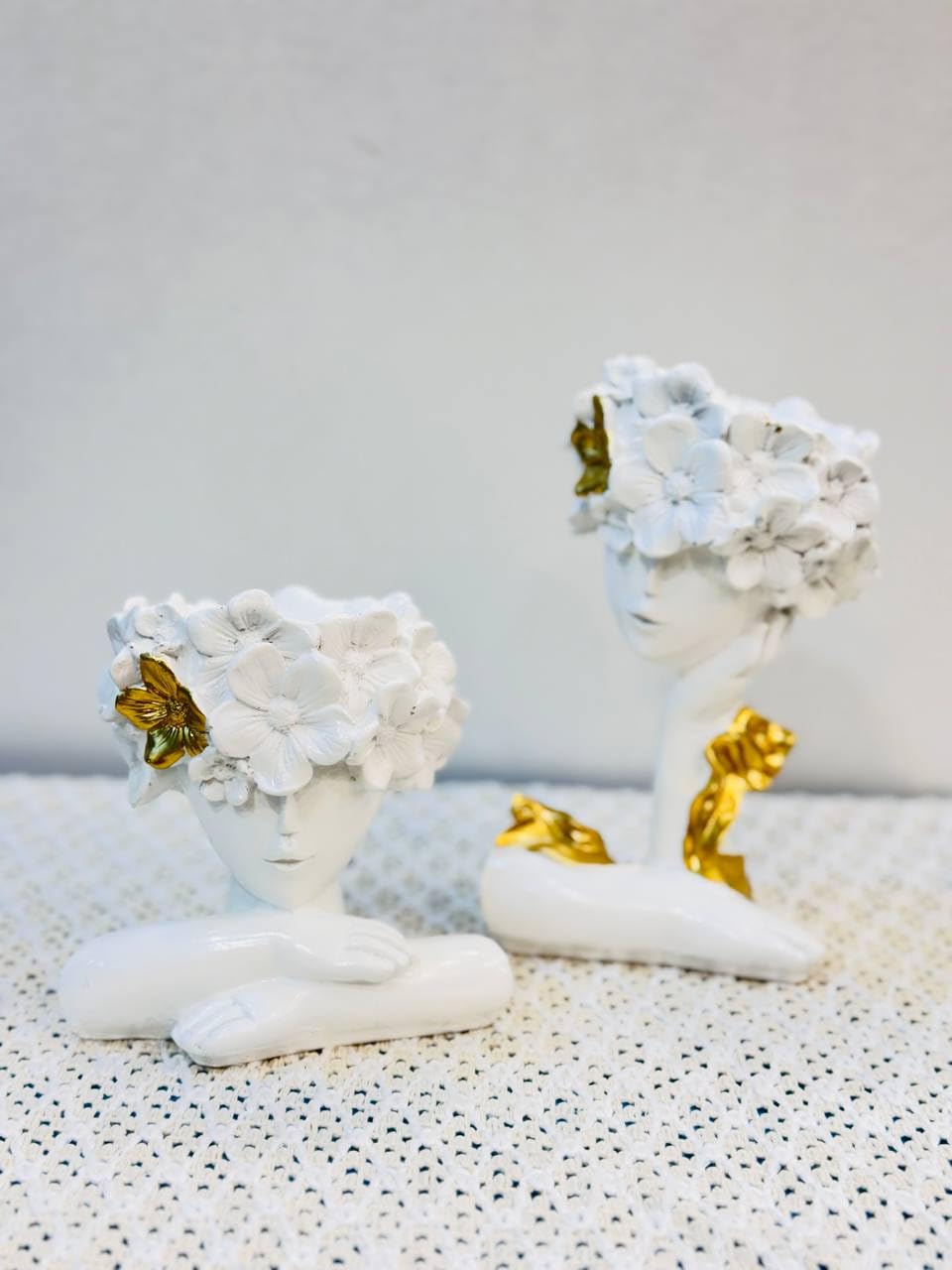 Decorative Floral Busts with Butterfly Accents, Set of 2, White and Gold