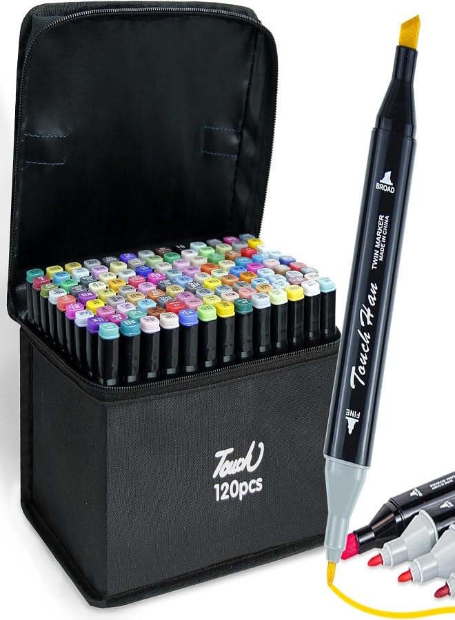 Touch 120 Piece Dual Tip Art Markers Set with Carrying Case, Professional Colours, Black Storage Bag