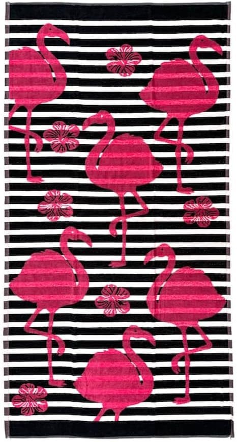 Flamingo Love Beach Towel – 170x70 cm – Soft Cotton, Quick Dry, Vibrant Pink Design – Striped Black & White Background