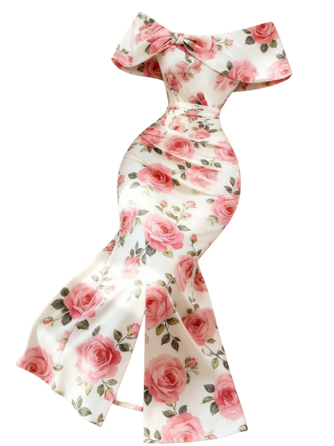SHEIN Qadelle Elegant Off-Shoulder Floral Maxi Dress for Women - High Waist Puff Sleeve Mermaid Cocktail Gown for Summer Vacation