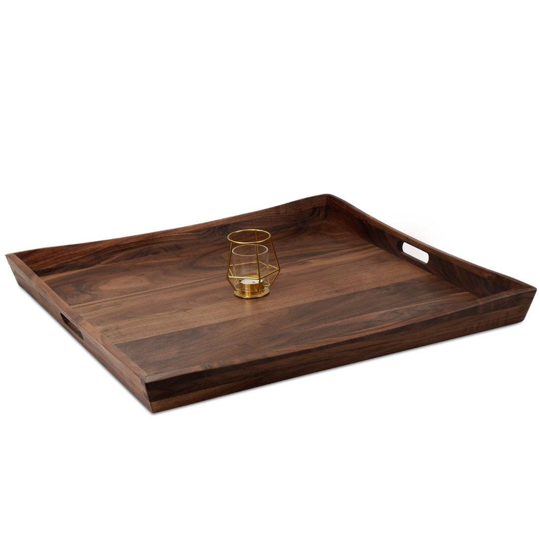 26 x 26 Inches Large Square Curved Black Walnut Wood Ottoman Tray with Handles, Serve Tea, Coffee Classic Wooden Decorative Serving Tray