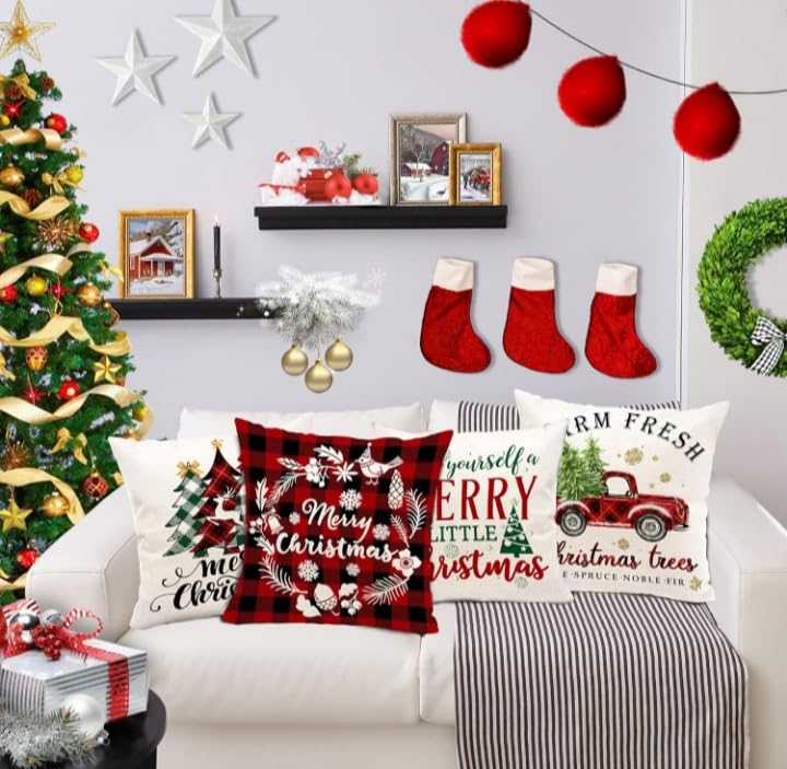 Hexagram Merry Christmas Pillow Covers 18 x 18 Decorative Christmas Red Green Buffalo Plaid Christmas Tree Throw Pillows Covers Set of 4 Christmas Decorations for Couch Sofa Bed Living Room Xmas Decor