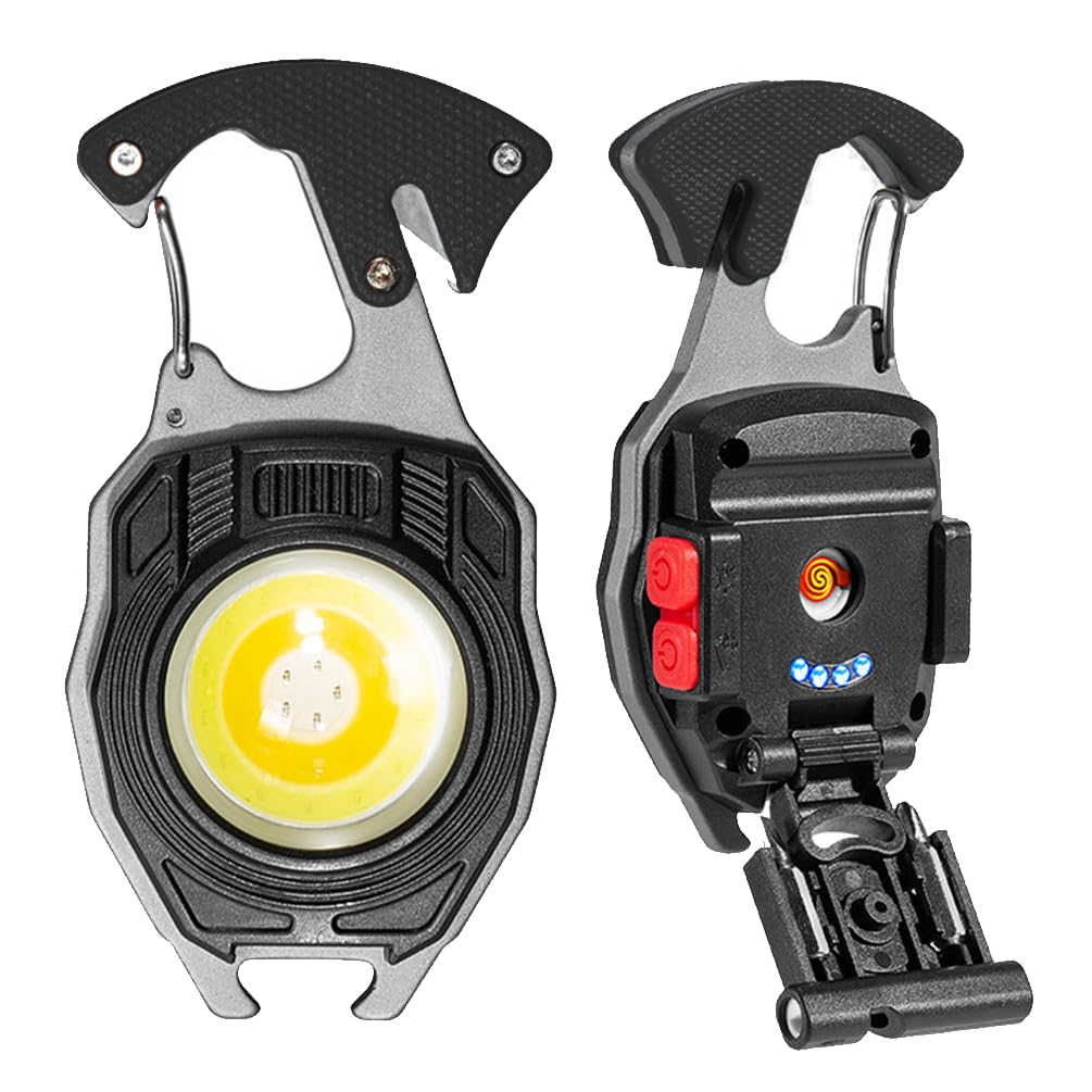 BY-J COB Keychain Work Light Keychain Flashlights 7 Light Modes 1600Lumen,COB Multi-Function Mini Work Light with Electric Lighter, Seat Belt Cutter, Screwdriver, Whistle