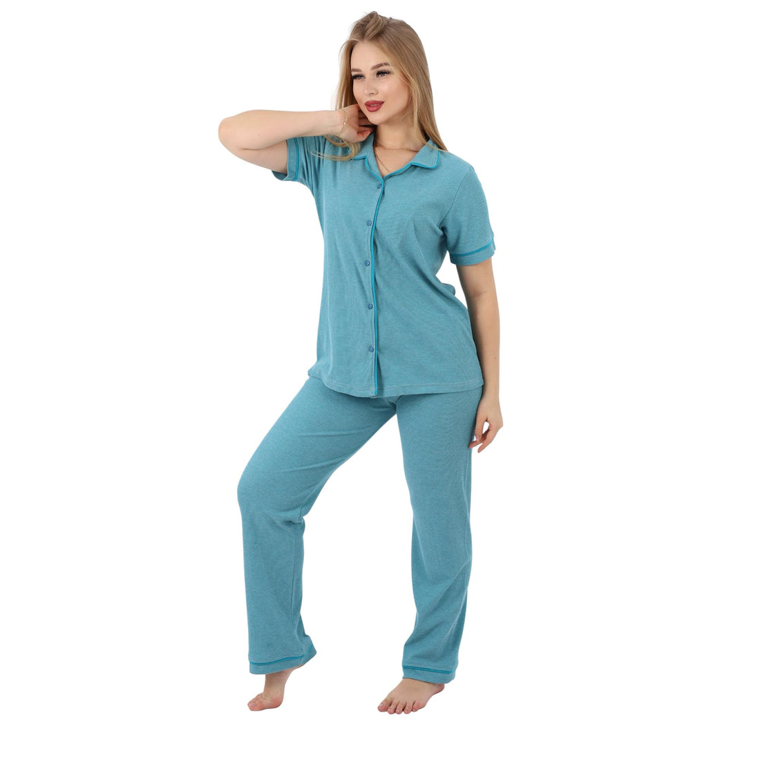 Classic Cotton Women's Pajama Set | Button-Up Short Sleeve Top & Full-Length Pants | Soft, Breathable Fabric | Sizes S to 3XL | Comfortable Sleepwear & Loungewear