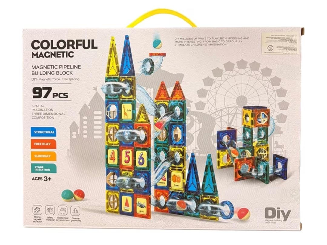 Magnetic Tiles Building Blocks, Magnetic Tiles, Square Building Castle, Preschool Toys, STEM Stacking Building Toys for Boys and Girls (97 Pieces)