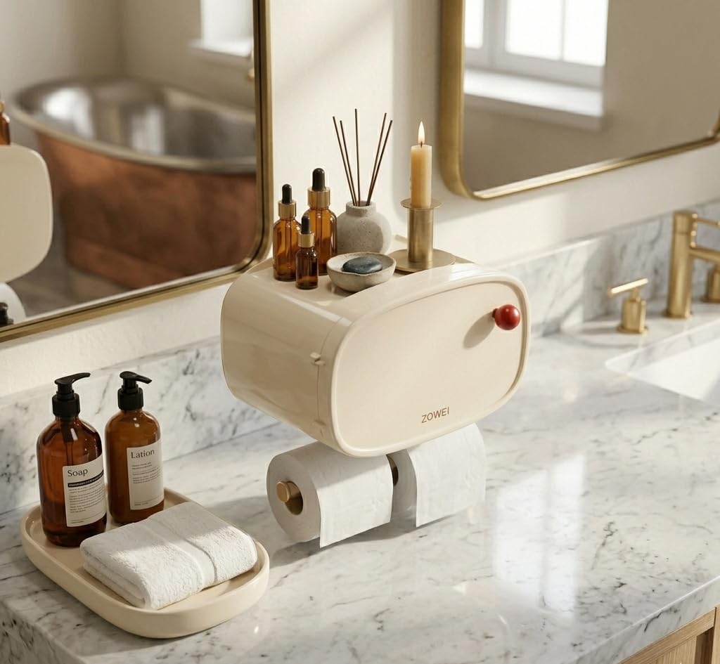 Wall Mounted Bathroom Organizer with Tissue Holder and Multipurpose Storage Shelves for Toiletry Supplies Daily Care Accessories Space Saving Rack