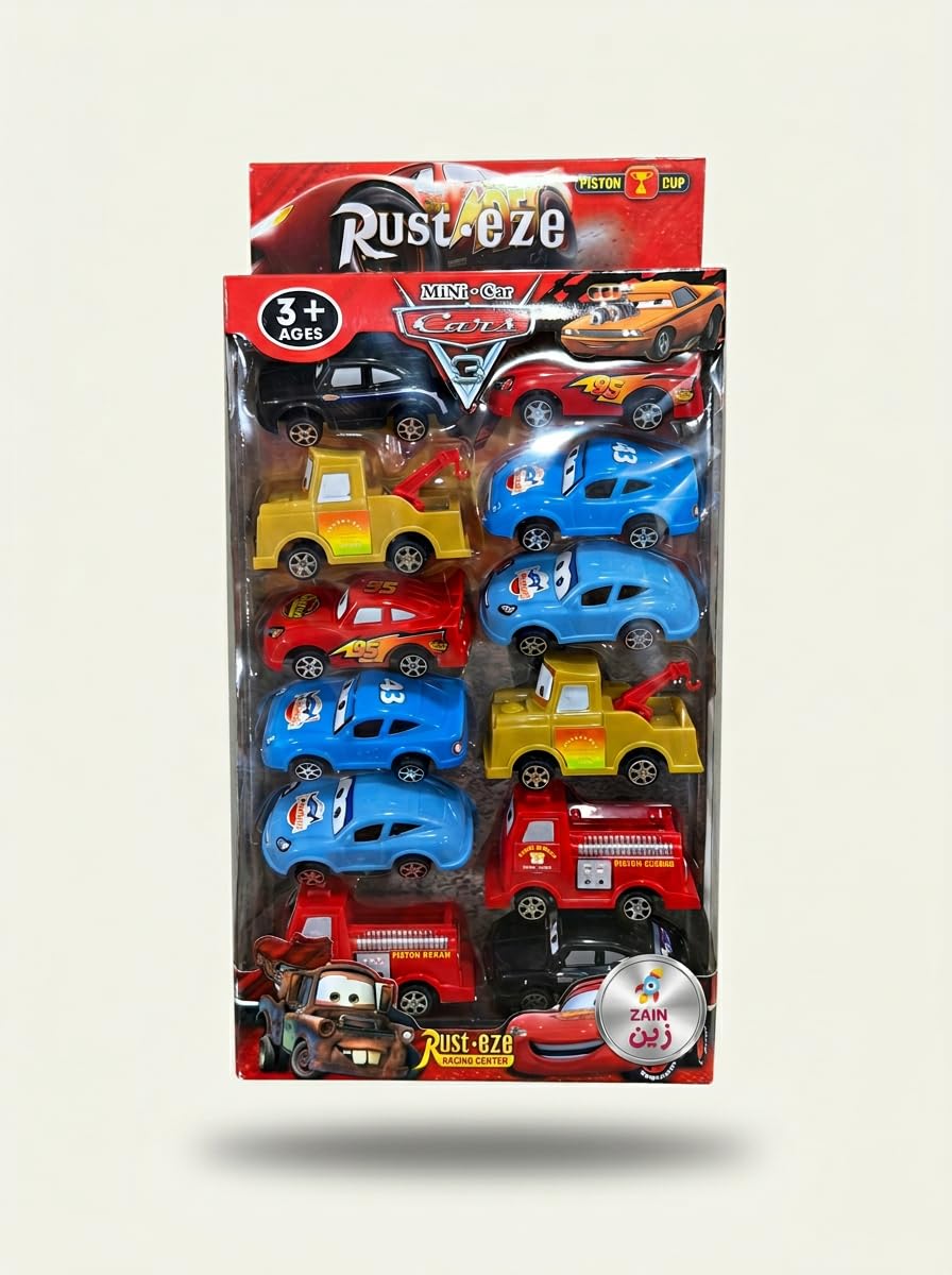 GHAZAL set of miniature cars (12 pieces) inspired by Disney Pixar's "Cars" movie series, including the character "Lightning McQueen".