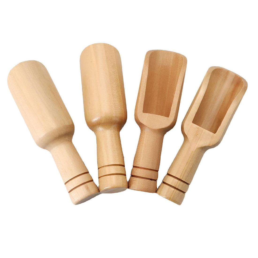 Wooden Scoops - Mini natural wood spoons for bath salts, honey, jam, spices, sugar and tea powder, 7.5cm length, sold as a convenient four pack set