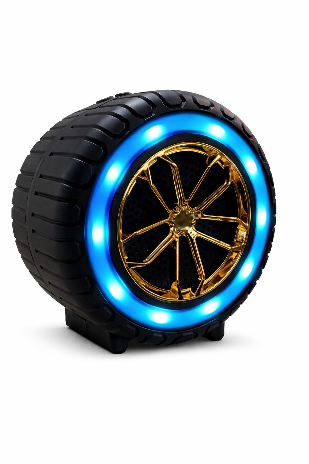 Car Tire Bluetooth Speaker with Blue LED Light and Gold Wheel Design
