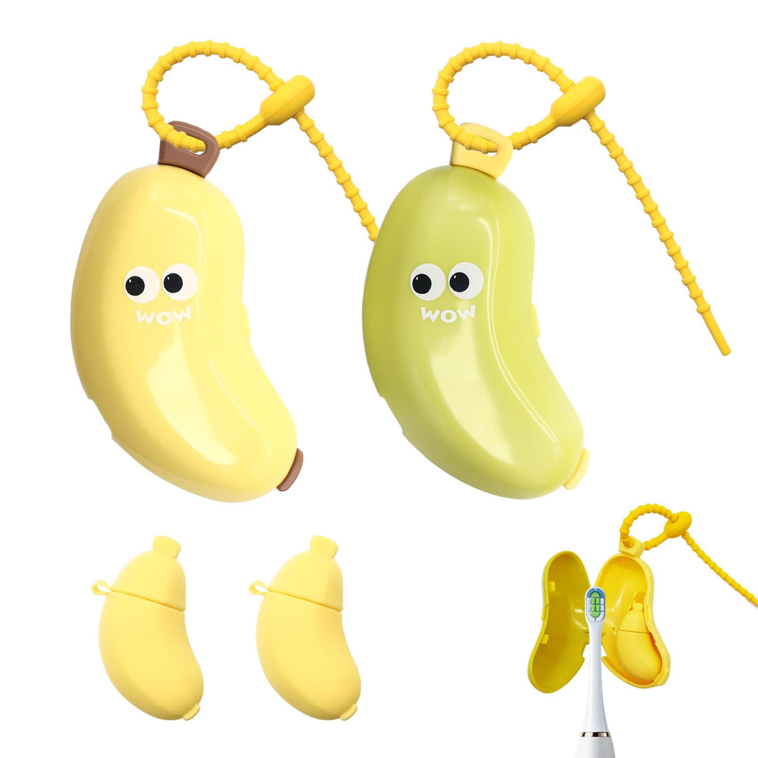 YQSLBULKY 2Pcs Banana Tooth Brush Cover with Toothpaste Dispenser, Portable Toothbrush Head Cover Tooth Brush Travel Cap, Clip -On Cute Fruit Toothbrush Protector Fits Manual and Electric Toothbrushes