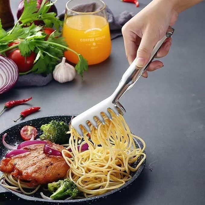 Stainless Steel Pasta Tong, Silver Spaghetti Holder with Prongs for Grilled and Fried Foods .db