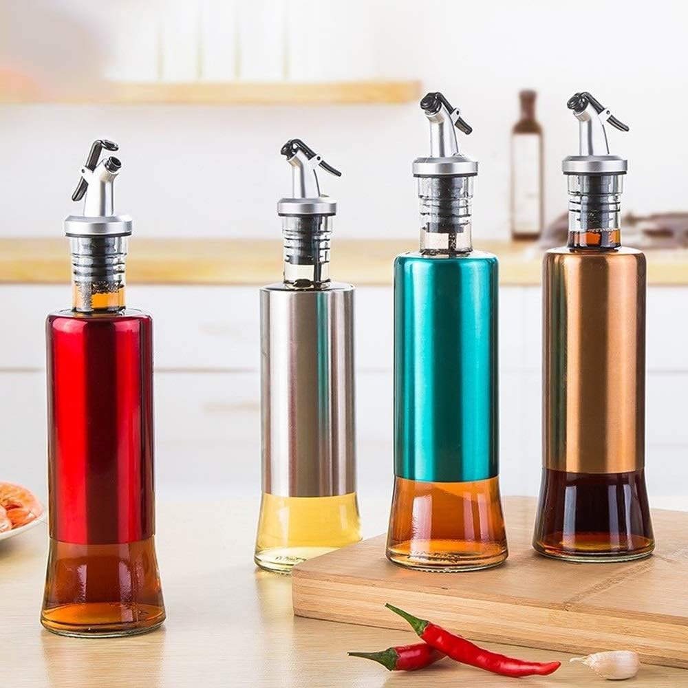 Plan A Leakproof Food Oil Dispenser Bottle, 300ml Glass Oil Dispenser, Portable Leak Proof Oil Dispenser for Olive Oil, Vinegar, Sauce, Glass Oil Bottle with Pour Spout (Gold)