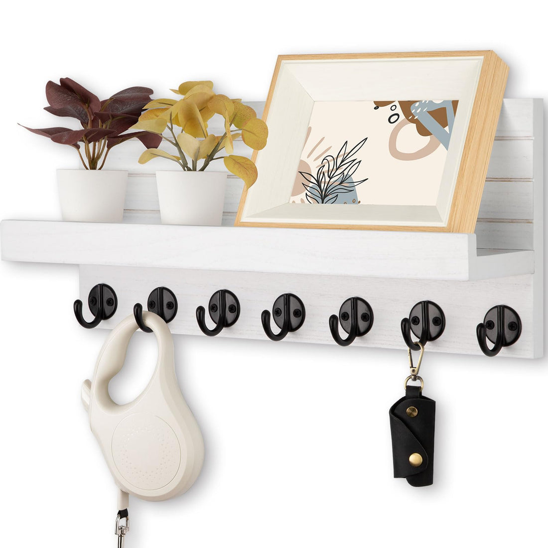 Lwenki Key Holder Wall Mount, Entryway Key and Mail Holder with 7 Sturdy Hooks for Sunglasses, Dog Leash, Decorative Wall Shelf with Mounting Hardware, 15”W x 6.7”H x 4.2”D (White)