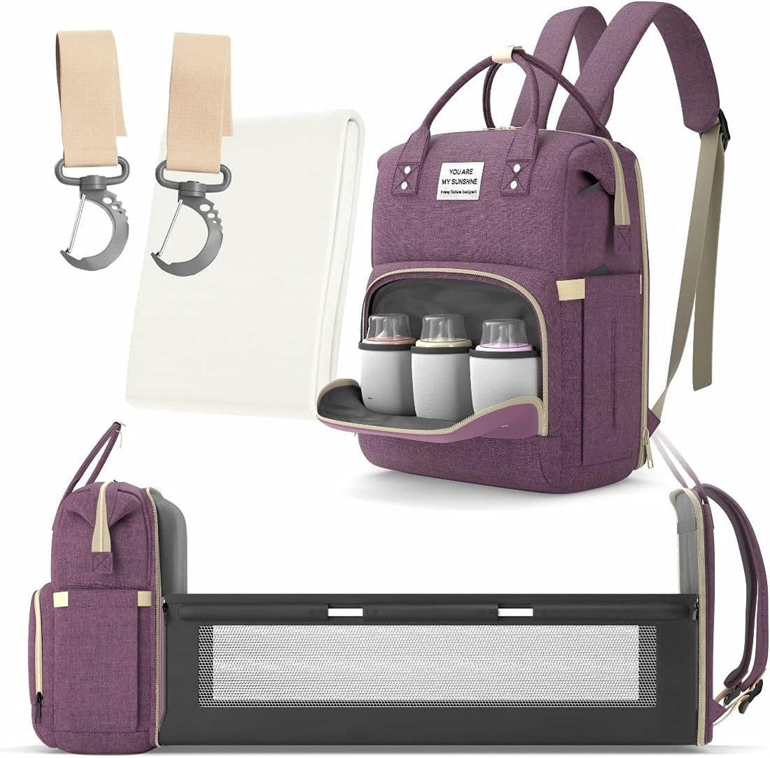 Hanso Diaper Bag Backpack - Travel Maternity Bag with Waterproof Baby Bed, Diaper Changing Station, and Baby Care Handbag - Large Capacity (Purple)