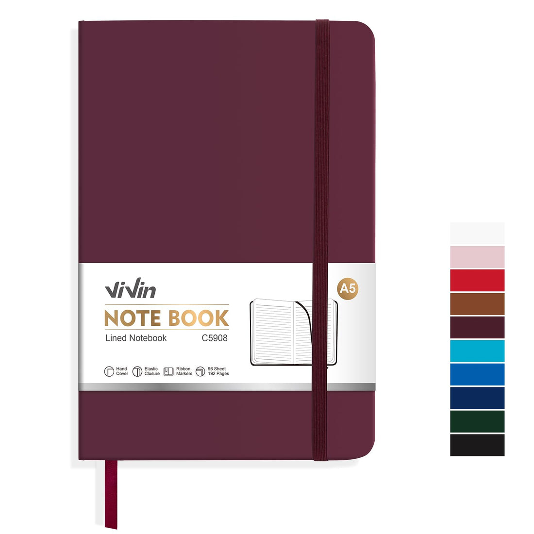 ViVin Lined Journal Notebooks, 192 Pages, Medium 5.5 x 8.3 inch, College Ruled, A5 Hardcover Notebooks for Women Men, Journaling Notebooks for Writing, Business, School & Office (Burgundy)