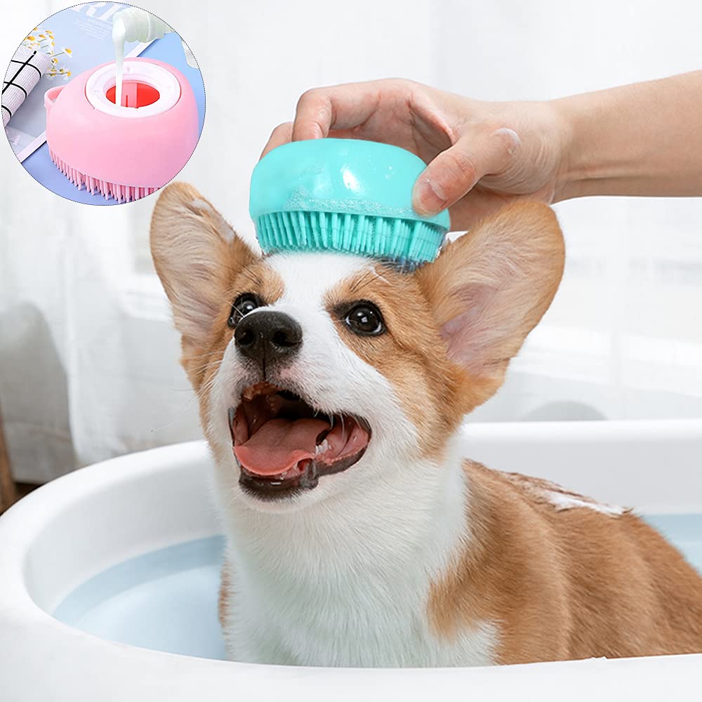 DI QIU REN 2 Pack Upgraded Dog Cat Bath Brush, Heart Shaped Brush for Pet Grooming Exclusively Designed for Long Short Haired Dogs and Cats (Blue + Pink)