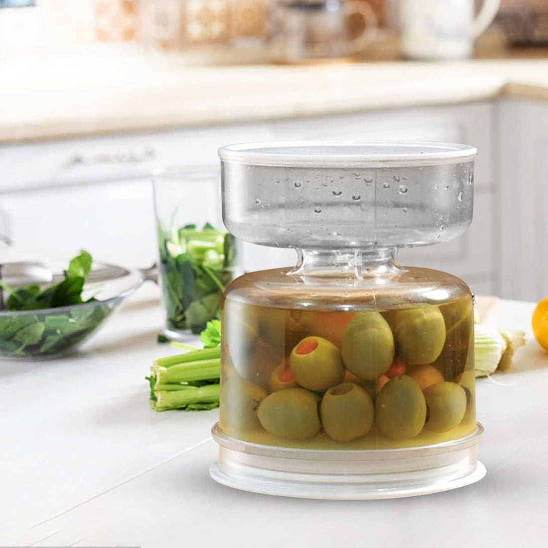 Acrylic Pickle Storage Jar with Airtight Lid and Adjustable Brine Level, Clear Durable Container for Homemade Pickles, Olives, Lemons, and Kitchen Food Organization