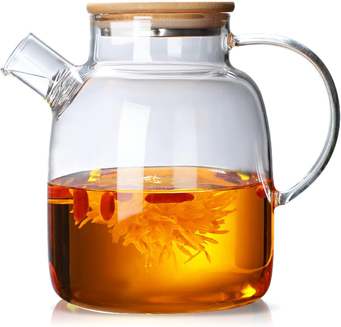 Glass Tea Pot Kettles Stovetop Safe, 60.8oz Glass Teapot Water Pitcher With Lid and Removable Filter Spout for Loose Leaf and Blooming Teabag